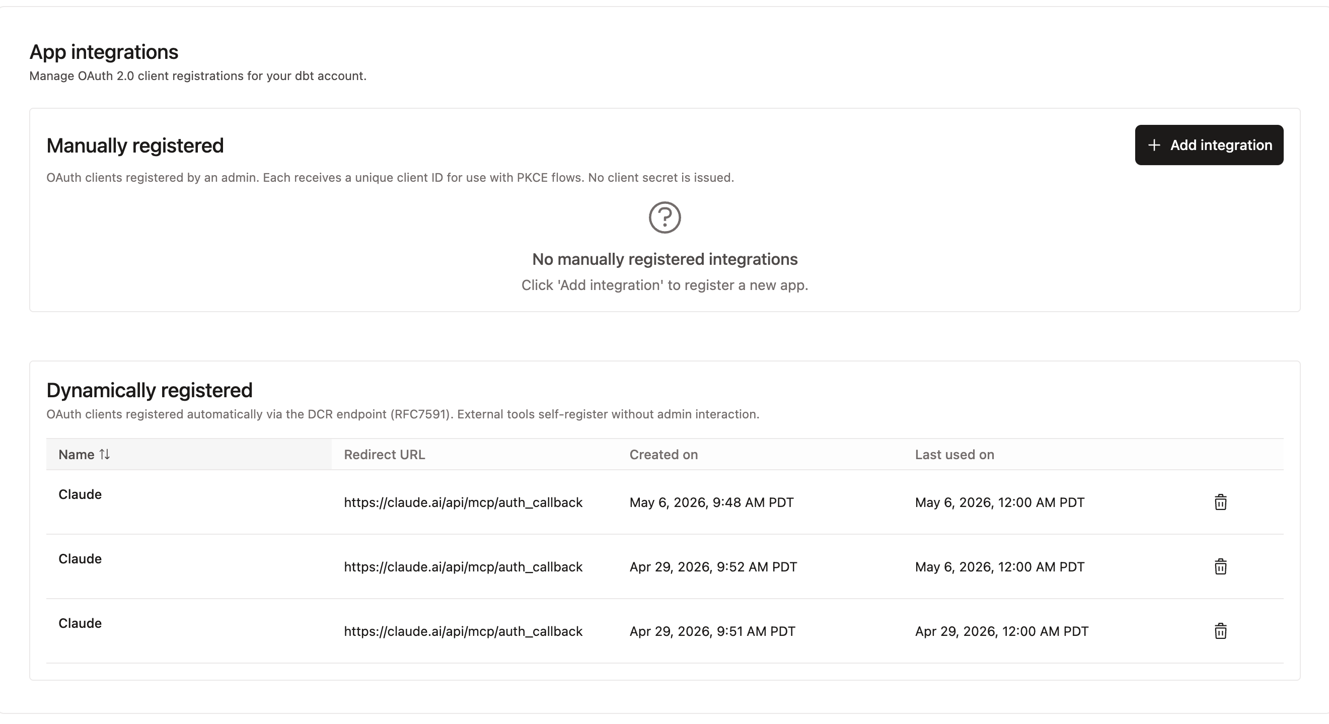 App integrations page showing manually and dynamically registered OAuth clients